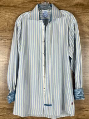 English Laundry Mens Striped Dress Shirt 16 34/35 Blue Yellow Contrast Cuff